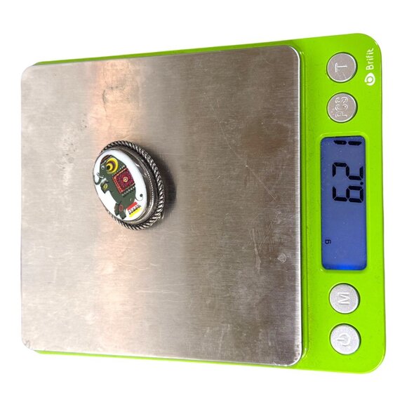 Vintage Circus Elephant Enamel Brooch Pin Silver Tone Rope Border Hand Painted - Picture 5 of 5